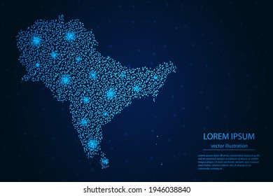South Asia map from point blue and glowing stars on a dark background. Vector eps 10.