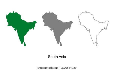 Conjunto de mapas del sur de Asia. Vector del mapa del sur de Asia. Mapa del sur de Asia en verde, gris y contorno