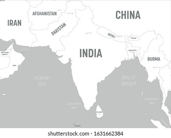 South Asia map - white lands and grey water. High detailed political map of southern asian region and Indian subcontinent with country, capital, ocean and sea names labeling.