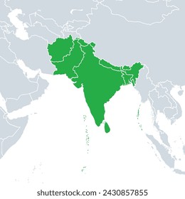 South Asia political map. Southern subregion of Asia, defined in geographical and ethnic-cultural terms. The countries Afghanistan, Bangladesh, Bhutan, India, Maldives, Nepal, Pakistan, and Sri Lanka.