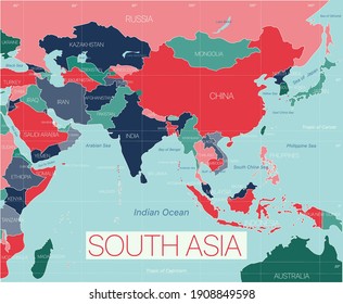 South Asia region detailed editable map with countries cities and towns. Vector EPS-10 file