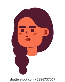 South asian adult woman braided hair 2D vector avatar illustration. French braid indian female cartoon character face portrait. Nice lady flat color user profile image isolated on white background