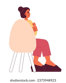 South asian adult woman sitting in chair back view 2D cartoon character. Middle eastern girl isolated vector person white background. Engaged worker. Lecture participate color flat spot illustration