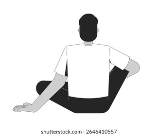 South asian faceless man sitting cross-legged from behind 2D line character. Meditation contemplation. Casual male resting back view isolated vector ink outline person. Monochromatic spot illustration