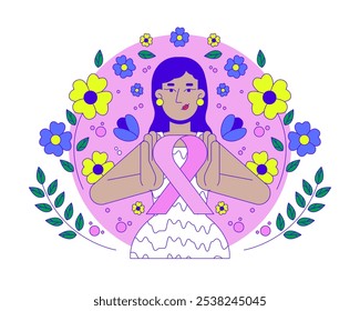 South asian feminist movement of pink ribbon 2D illustration concept. Breast cancer solidarity. Indian young woman femininity cartoon character isolated on white. Metaphor abstract flat vector graphic