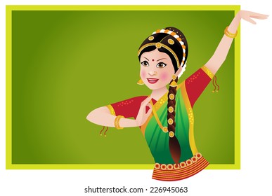 South Asian/ Indian woman in traditional dance Bharatnatyam clothing and pose with empty background for your text