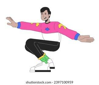 Personaje de dibujos animados lineales 2D del cantante de danza ruptura masculina sudasiático. Squatting man indian breakdancer aislado línea vectorial persona fondo blanco. Nostalgia recuerdos color de imagen plana