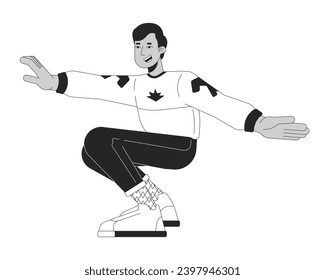 South asian male break dance performer black and white 2D line cartoon character. Squatting man indian breakdancer isolated vector outline person. Nostalgia time monochromatic flat spot illustration