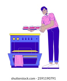 South asian man taking cinnamon rolls out of oven 2D cartoon character. Cooking hobby. Indian male baking enthusiast isolated person flat vector on white background. Spot illustration colorful