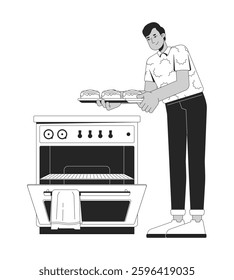 South asian man taking cinnamon rolls out of oven black and white 2D line character. Cooking hobby. Indian male baking enthusiast isolated vector outline person. Monochromatic spot illustration