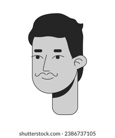 South asian man with thin handlebar moustache black and white 2D line cartoon character head. Inspired retro gentleman isolated vector outline person face. Hipster monochromatic flat spot illustration