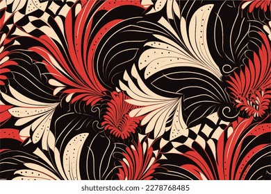 South Asian pattern in red white and black for South Asian Heritage month (SAHM) or Asian American and Pacific Islander Heritage Month (APAHM) celebration.	Black, white and red pattern with flowers