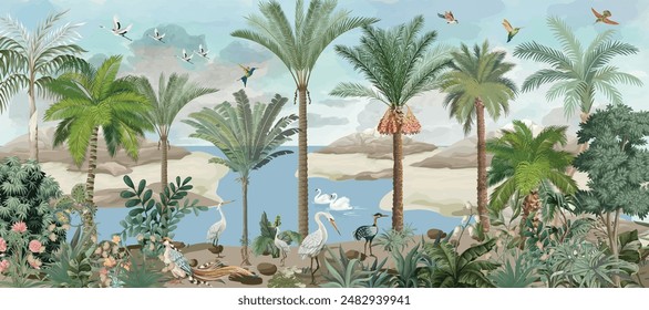 South Asian Subcontinent Mural, Plam tree, Birds, Watercolor background.