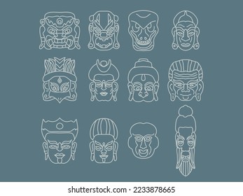 south asian traditional mask outline icon set .asian theatrical mask vector asian symbols