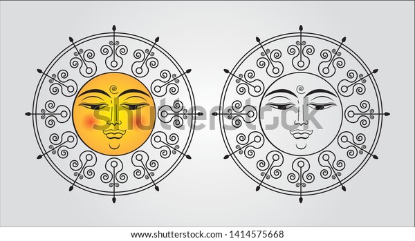 South Asian Traditional Sun Face Line Stock Vector Royalty Free