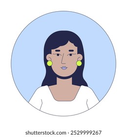 Sul asiática mulher com brincos de pérola 2D linear vetor avatar ilustração. Mulher indiana blusa branca personagem de desenho animado retrato. Pá. Imagem de cor de perfil de usuário plano de quadro redondo isolada