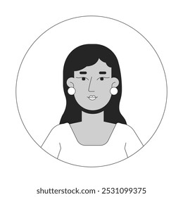 Mulher sul-asiática com brincos de pérola ilustração de avatar 2D preto e branco. Mulher indiana blusa branca contorno personagem vetor face isolada. Pá. Retrato de imagem de perfil de usuário de quadro redondo