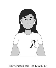 Mulher sul-asiática vestindo camisa fita de solidariedade preto e branco personagem linha 2D. Consciência do câncer de mama T mulher indiana isolada vetor pessoa contorno. Ilustração de ponto monocromático