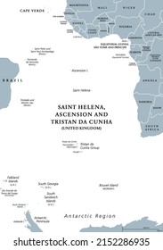 South Atlantic Islands gray political map. Islands and archipelagos between Africa and Brazil, Cape Verde and Antarctic Region. British Overseas Territory Saint Helena, Ascension and Tristan da Cunha.