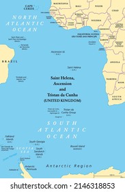 Mapa político de las Islas del Atlántico Sur. Islas y archipiélagos entre África y el Brasil, Cabo Verde y la región antártica. Con el Territorio Británico de Ultramar, Santa Elena, Ascensión y Tristán da Cunha.