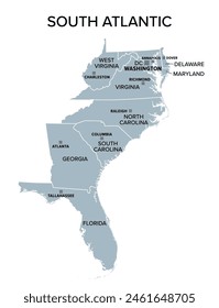 South Atlantic states, gray political map. United States Census division of South region. Delaware, Florida, Georgia, Maryland, North and South Carolina, Virginia, Washington, D.C., and West Virginia.