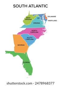 South Atlantic states, multi colored political map. United States Census division of the South region. Delaware, Florida, Georgia, Maryland, North and South Carolina, Virginia, DC, and West Virginia.