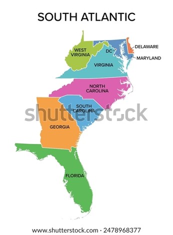 South Atlantic states, multi colored political map. United States Census division of the South region. Delaware, Florida, Georgia, Maryland, North and South Carolina, Virginia, DC, and West Virginia.