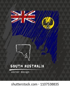 South Australia map with flag inside on the black background. Chalk sketch vector illustration