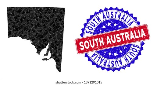 South Australia map polygonal mesh with filled triangles, and rubber bicolor stamp seal. Triangle mosaic South Australia map with triangular vector model, triangles have different sizes,