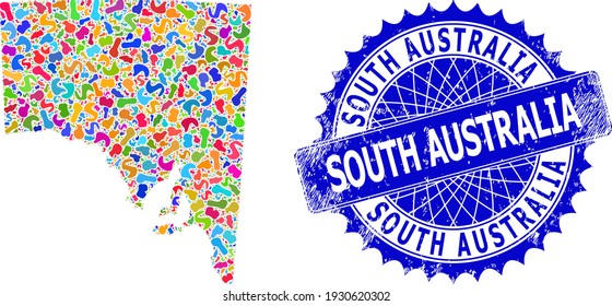 South Australia map template. Splash mosaic and grunge stamp seal for South Australia map. Sharp rosette blue stamp with tag for South Australia map.
