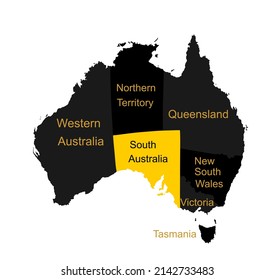 South Australia map vector silhouette illustration isolated on white background. Separated countries over Australia map. Continent symbol. Queensland map. New South Wales. Victoria. Tasmania. 