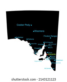 South Australia map vector silhouette illustration isolated on white background. Australian continent territory symbol. Country in Australia, part of United Kingdom in Oceania. 