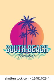 South Beach Florida Colorful Sunset Retro Vintage Poster Palm Tree