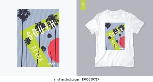 South beach  graphic t-shirt design with palm trees, vector illustration.