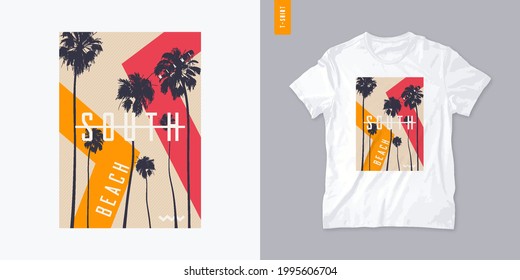 Diseño de camisetas gráficas de playa sur con palmeras, ilustración vectorial.