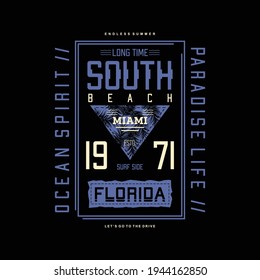 south beach, miami, florida paradise typography graphic t shirt design vector on beach theme