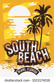 South Beach Miami Florida Summer Poster Design With Palm Trees Illustration And A Sunrise On The Beach. Vector Graphic.