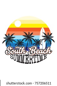 south beach sunset retro design colorful palm tree surf