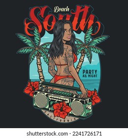South bikini girl flyer colorful palm trees and ocean behind tanned woman with tattoos relaxing on summer beach vector illustration