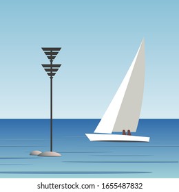 South Cardinal Mark and a Sailing boat. Sweden Archipelago. Vector Illustration.