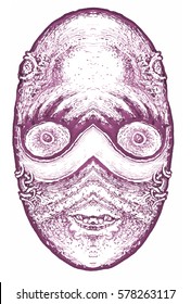 south carnaval, mask in hand. halloween concept. drawing sculpted mythological masks. ethnic shamanic face (make up,  tracery) decoration. a sketch for the jewelry, and tattoos.