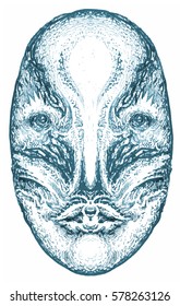 south carnaval, mask in hand. halloween concept. drawing sculpted mythological masks. ethnic shamanic face (make up,  tracery) decoration. a sketch for the jewelry, and tattoos.