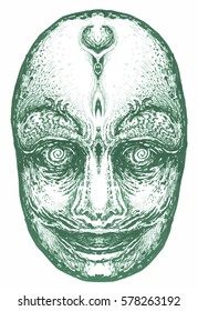 south carnaval, mask in hand. halloween concept. drawing sculpted mythological masks. ethnic shamanic face (make up,  tracery) decoration. a sketch for the jewelry, and tattoos.