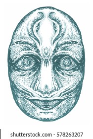 south carnaval, mask in hand. halloween concept. drawing sculpted mythological masks. ethnic shamanic face (make up,  tracery) decoration. a sketch for the jewelry, and tattoos.