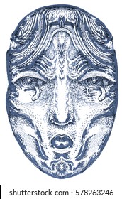 south carnaval, mask in hand. halloween concept. drawing sculpted mythological masks. ethnic shamanic face (make up,  tracery) decoration. a sketch for the jewelry, and tattoos.