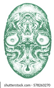south carnaval, mask in hand. halloween concept. drawing sculpted mythological masks. ethnic shamanic face (make up,  tracery) decoration. a sketch for the jewelry, and tattoos.