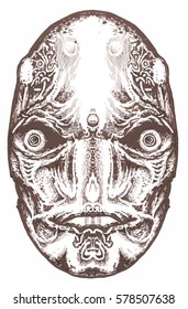 south carnaval, mask in hand. halloween concept. drawing sculpted mythological masks. ethnic shamanic face (make up,  tracery) decoration. a sketch for the jewelry, and tattoos.
