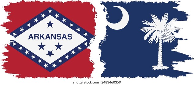 South Carolina and Arkansas states grunge brush flags connection, vector