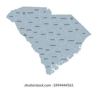 Condados de Carolina del Sur, mapa político gris con fronteras y nombres de condados. Estado en la región sudeste de los Estados Unidos, subdividido en 46 condados. Apodado El Estado Palmetto. Vector