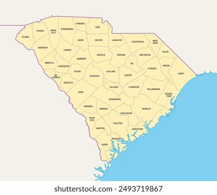 South Carolina counties, political map with borders and county names. State in the Southeastern region of the United States, subdivided into 46 counties. Nicknamed The Palmetto State. Illustration